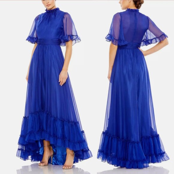MAC DUGGAL 68229 RUFFLED HIGH NECK FLUTTER SLEEVE HIGH LOW HEM SAPPHIRE GOWN 6 - Picture 1 of 4